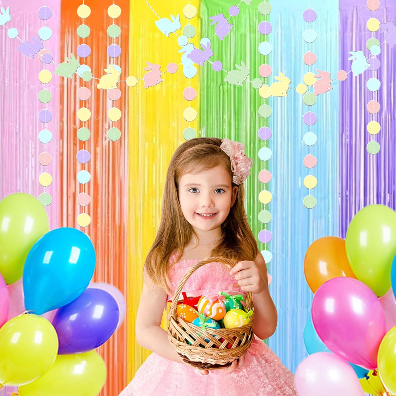 Easter Decorations Foil Fringe Curtains Photo Booth Prop Hanging Garland Easter Bunny Banner Rabbit Garland Rainbow Foil Fringe Curtains for Birthday Wedding Engagement Bridal Shower