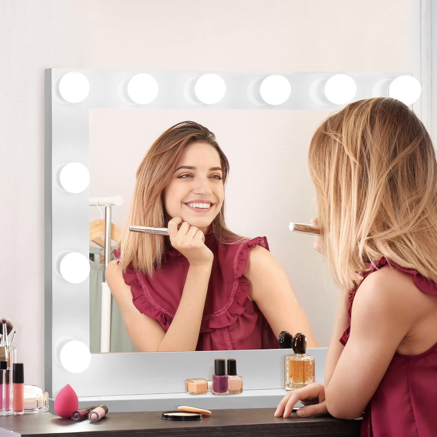 SUPER DEAL Hollywood Vanity Mirror with Lights, 20" x 25" Makeup Cosmetic Mirror w/14 Dimmable Bulbs, Tabletop or Wall Mounted, White