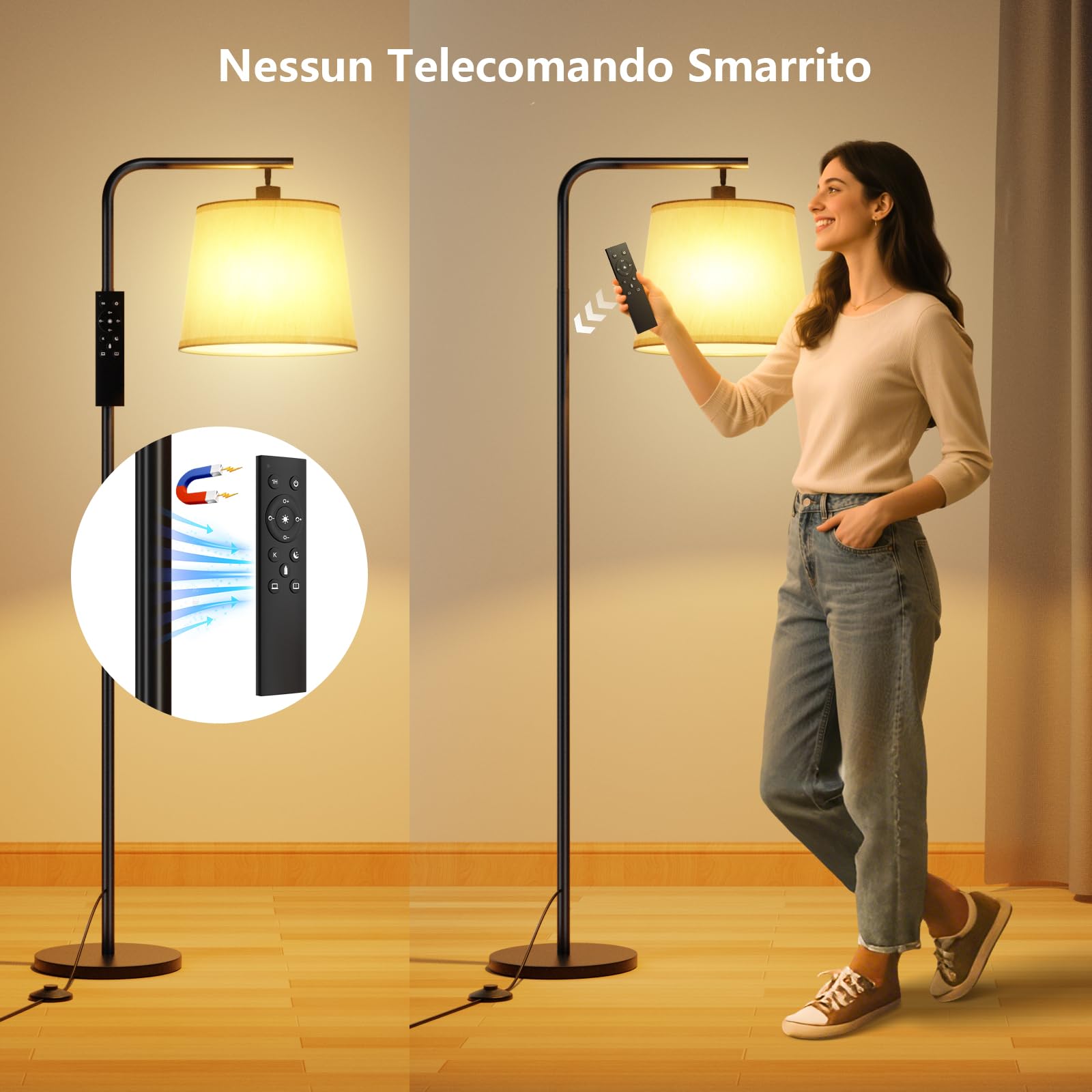 Lampada da Terra, Piantana Dimmerabile Moderna con Telecomando Magnetico, Lampada da Terra Salotto con Paralume in Lino Beige, Lampadina E27, per Soggiorno, Camera da Letto, Ufficio