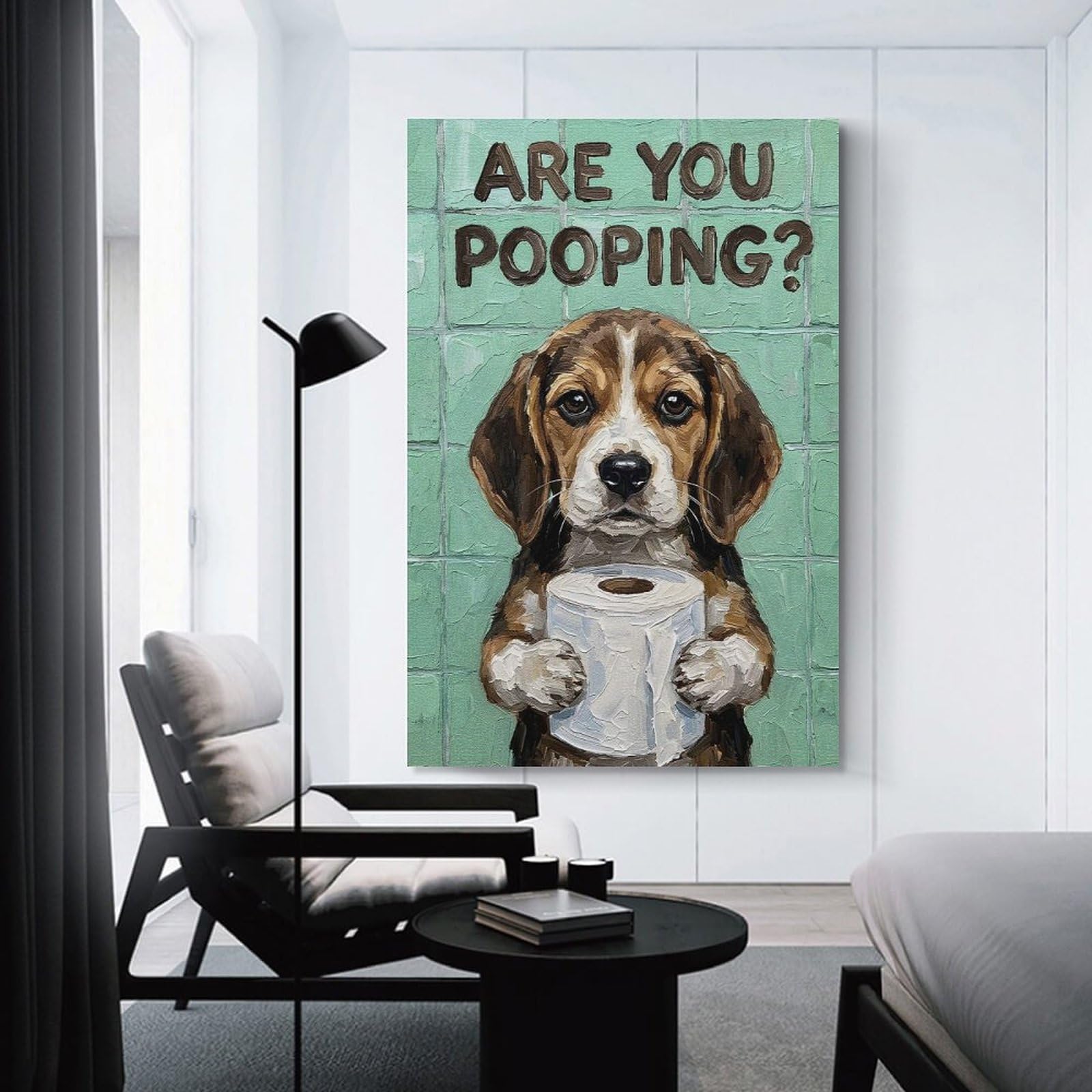 Junmoney Are You Pooping Beagle with Toilet Paper Canvas Wall Decor 20x30inch(50x75cm), for Flats, Guest Rooms Or Compact Rooms, Home Artwork for Modern Interiors
