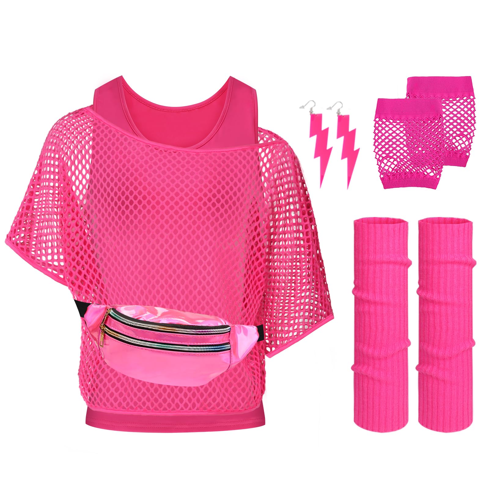 VVHAITUO 80s Costume Accessories for Women, 80s Outfit for Women Casual Fishnet Neon Off Shoulder T-Shirt Two Pieces