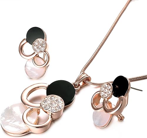 Miniatura 3 de Yoursfs White and Black Shell Pendant Necklace and Earrings Sets for Women 18K Rose Gold Plated Fashion Costume Jewellery Set for Wedding Dinner