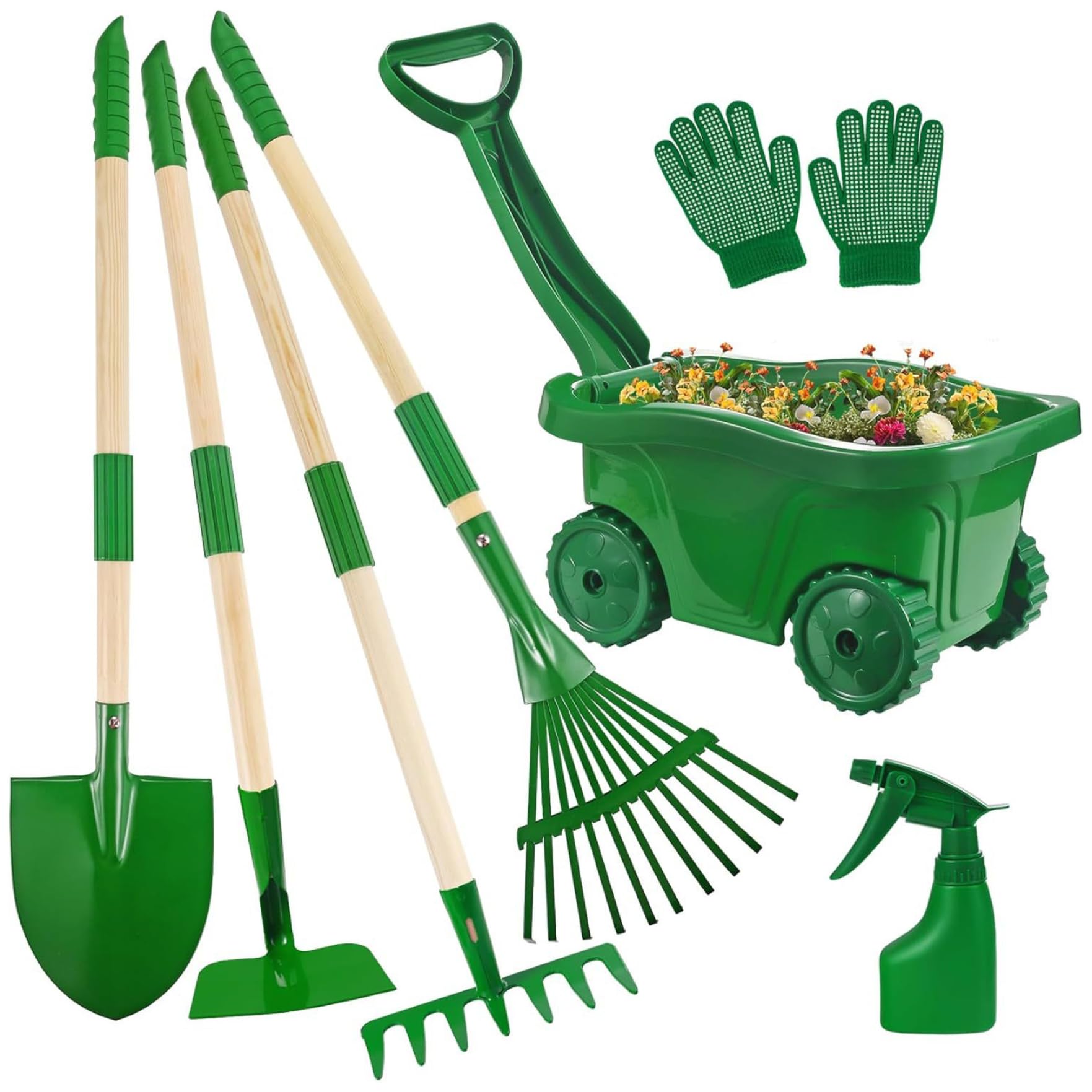 7-teiliges Gartenset für Kinder, Gartengeräte für Kleinkinder mit Schubkarre, Schaufel, Rechen