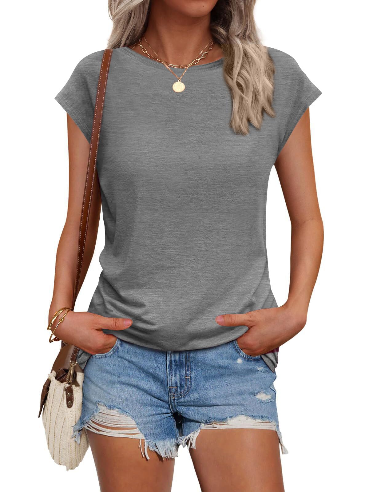 AirMood Damen-T-Shirt mit Flügelärmeln, Rundhalsausschnitt, Sommer, lässig, einfarbig