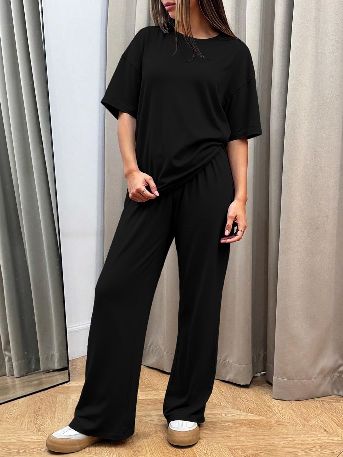 HBQ Women's 2 Piece Outfits Loose Fit Tops Wide Leg Pants Short Sleeve Lounge Matching Sets Sweatsuits - Image 6