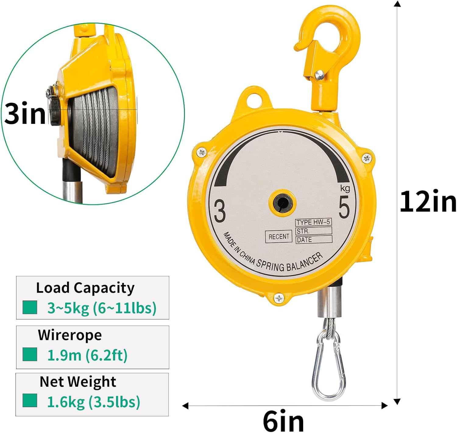 Spring Balancer 3-5kg (7~11lbs), Retractable Spring Tool Balancer with Adjustable Tension 1.9m Steel Wire Cable, Hanging Equipment Fixture for Garage & Workshop