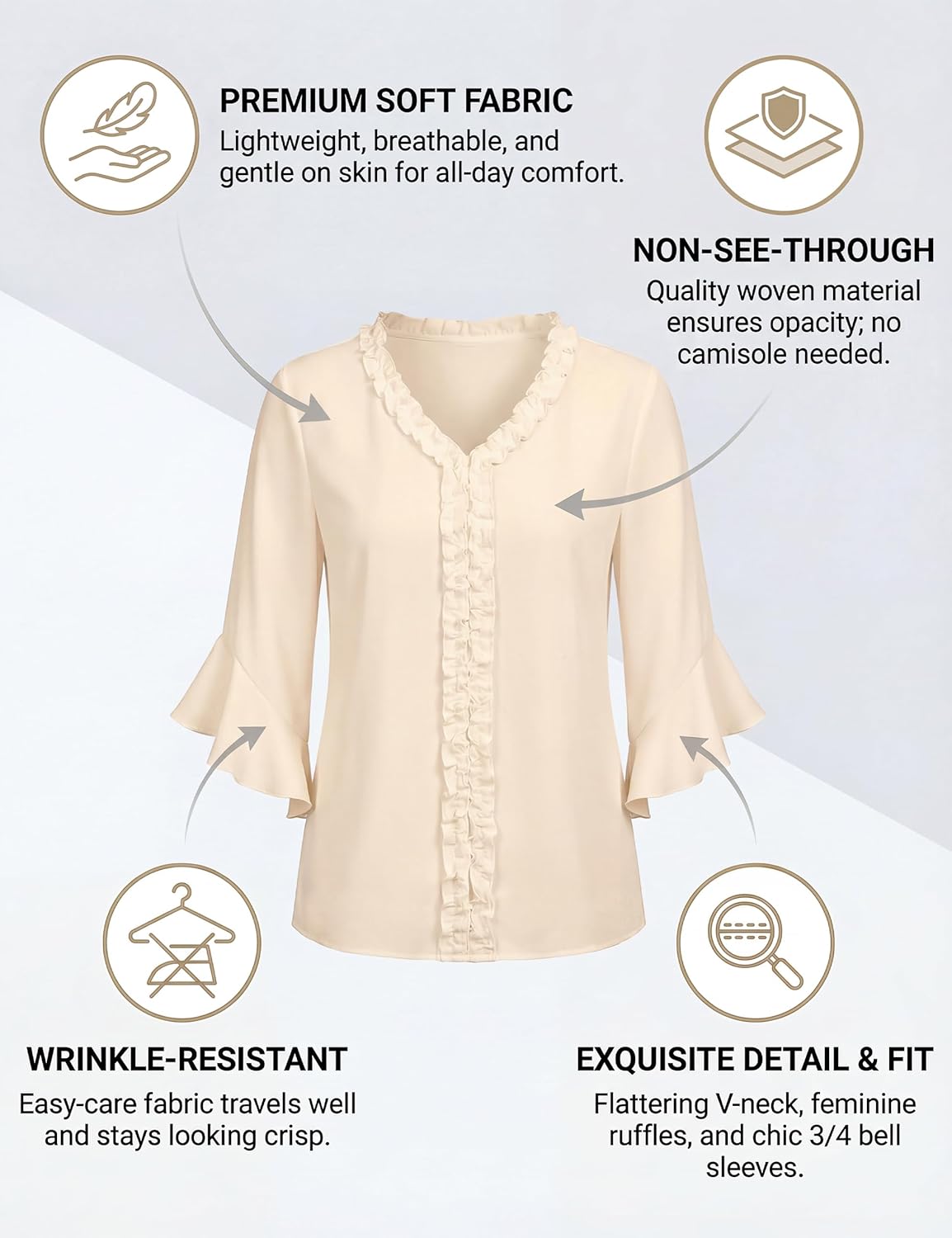 Blooming Jelly Womens Dressy Casual Blouses 3/4 Length Bell Sleeve V Neck Ruffle Tops Trendy Summer Business Work Shirt - Image 4