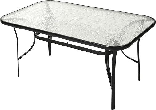 Flash Furniture Tory Rectangle Patio Table with Umbrella Hole, Commercial All-Weather Table with Heat Resistant Tempered Glass, Steel Tube Frame, 35x 59, Black