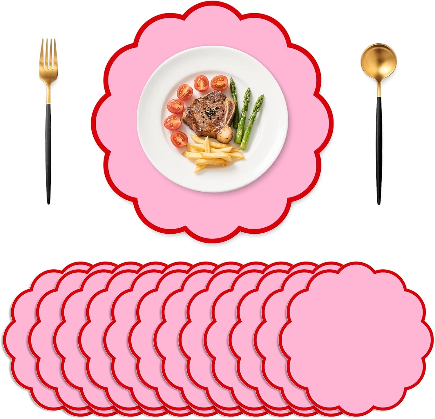 Whaline 50 Pcs Pink Red Paper Placemats Scalloped Disposable Place Mats 13.5 Inch Round Table Mats for Anniversary Valentine's Day Wedding Home Party Dinner Table Setting