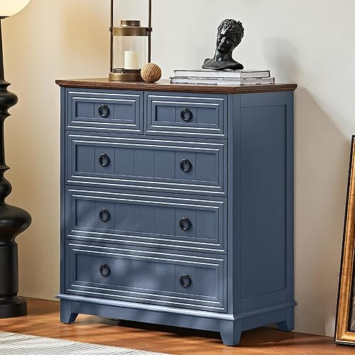 Joaxswe Farmhouse 5 Drawer Dresser for Bedroom, 33.2" Tall Small Dressers & Chest of Drawers, Rustic Wood Dresser with Metal Handle, Storage Organizer Closet for Living Room, Hallway, Entryway