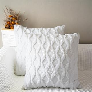 Yomshi Set of 2 Soft Plush Short Wool Cushion Covers Boho Throw Pillow Cases Luxury Style Throw Pillow Covers Faux Wool Pillow Shell for Sofa Bedroom White 40x40 cm (16x16 inch)