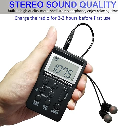 Miniatura 3 de Radio de bolsillo portátil AM/FM con pantalla LCD de sintonización digital, mini radio recargable SWDSTP con auriculares estéreo y clip de cinturón