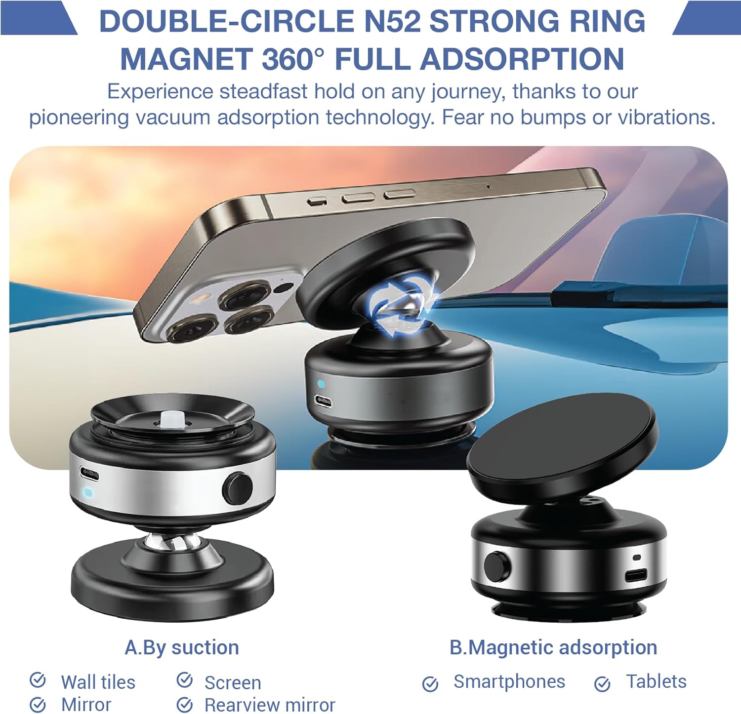 Magnetic Car Suction Cup Holder, Vacuum Glass Mirror Adsorption Phone Mount, 360 Rotation Portable Magnetic Phone Holder for Windshield Dashboard (Upgrade Black)