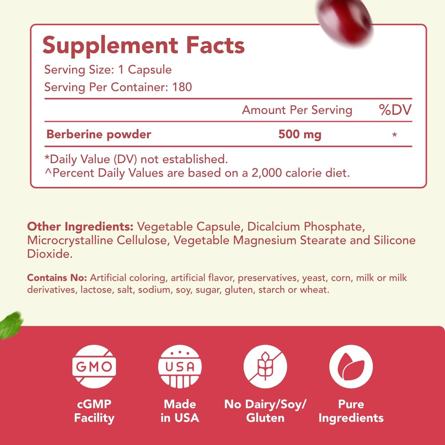 High Strength Berberine Supplement 500mg - Once Daily Potent Berberine 500mg Antioxidant Quercetin Supplement for Heart Aging and Vitality Support - Vegan Friendly & Made in the USA (180 Servings)