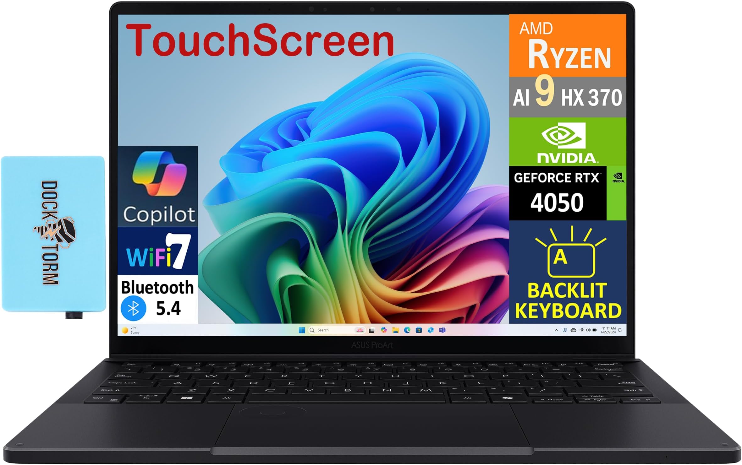 ProArt PX13 (Replace P16) 2-in-1 AI Laptop 13.3" Touch OLED 3K 500 nits Display (Ryzen AI 9 HX 370, RTX 4050, 32GB LPDDR5X, 1TB SSD, Backlit KYB, WiFi 7, BT 5.4, Win11H) w/DKZ USB Port Expander