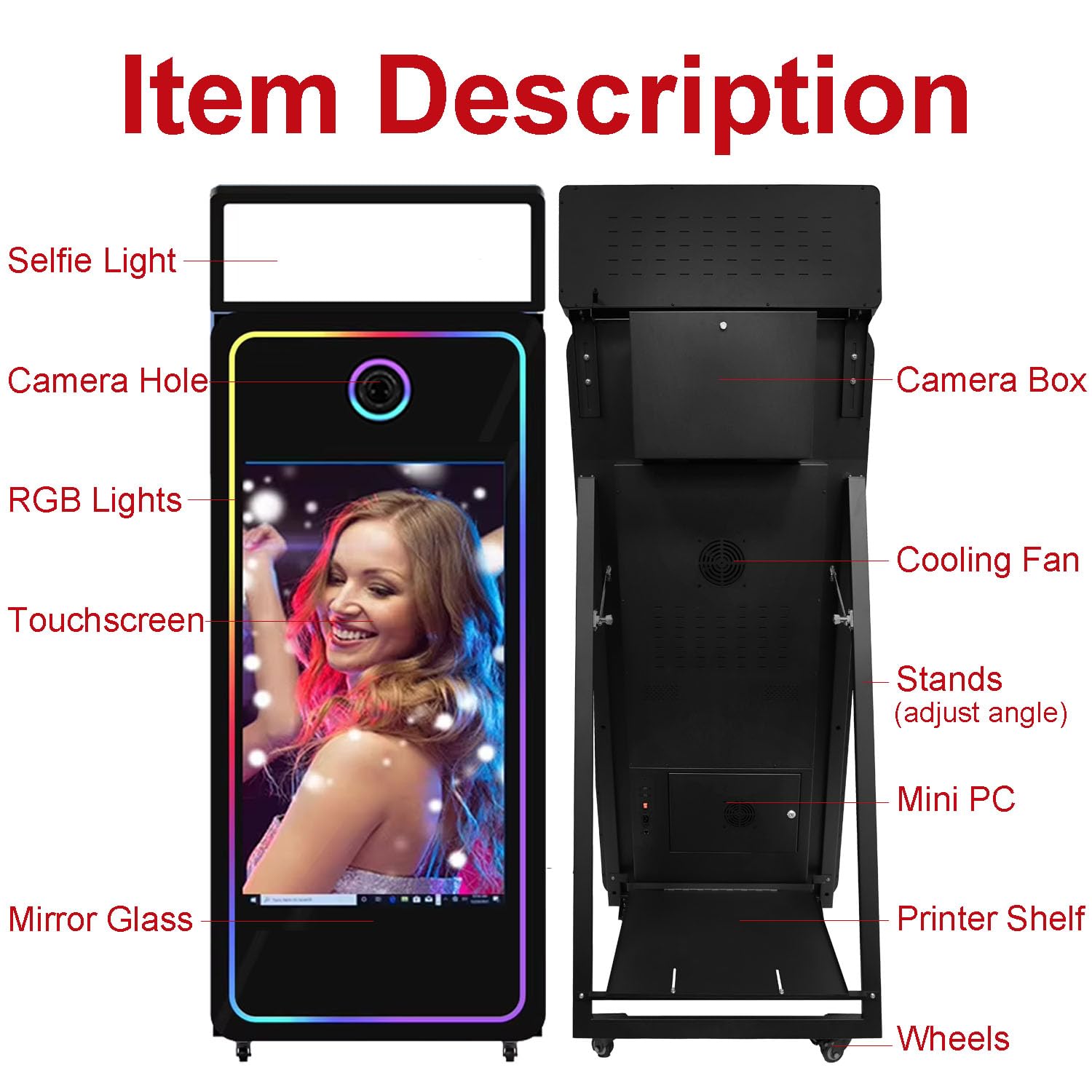 Magic Mirror Photo Booth 109.2 cm ekran dotykowy, aparat do fotobudki DSLR z kwadratowym światłem do selfie, ramka RGB, wbudowany mini PC, natychmiastowy druk na imprezy weselne (109 cm kompletny