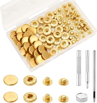 QIUTIMIY 20 Set Leather Snap Fasteners Kit, Press Studs with Setter Tools,15mm Metal Snaps Button Kit for Fabric,Clothing Sewing,Gold