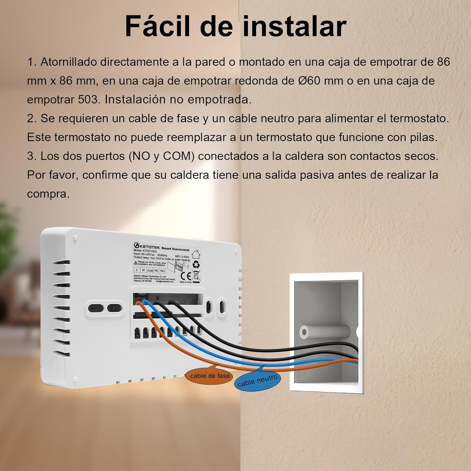 Installation diagram for the KETOTEK WiFi Thermostat, showing wiring connections for phase (L) and neutral (N) power, and dry contacts (NO, COM) for boiler control.