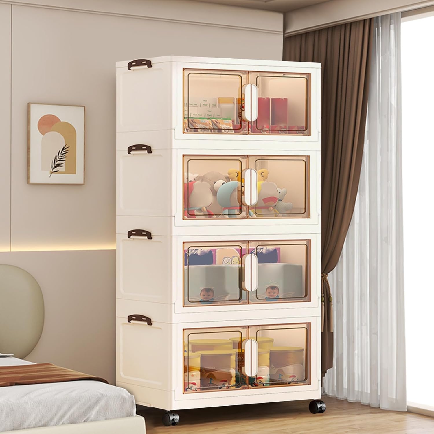 Ergocar Storage Box, Magnetic double opening door large -capacity locker，Transparent Stacking Plastic Storage Boxes with Pulley, for Bedroom, Living Room, Office and Kitchen