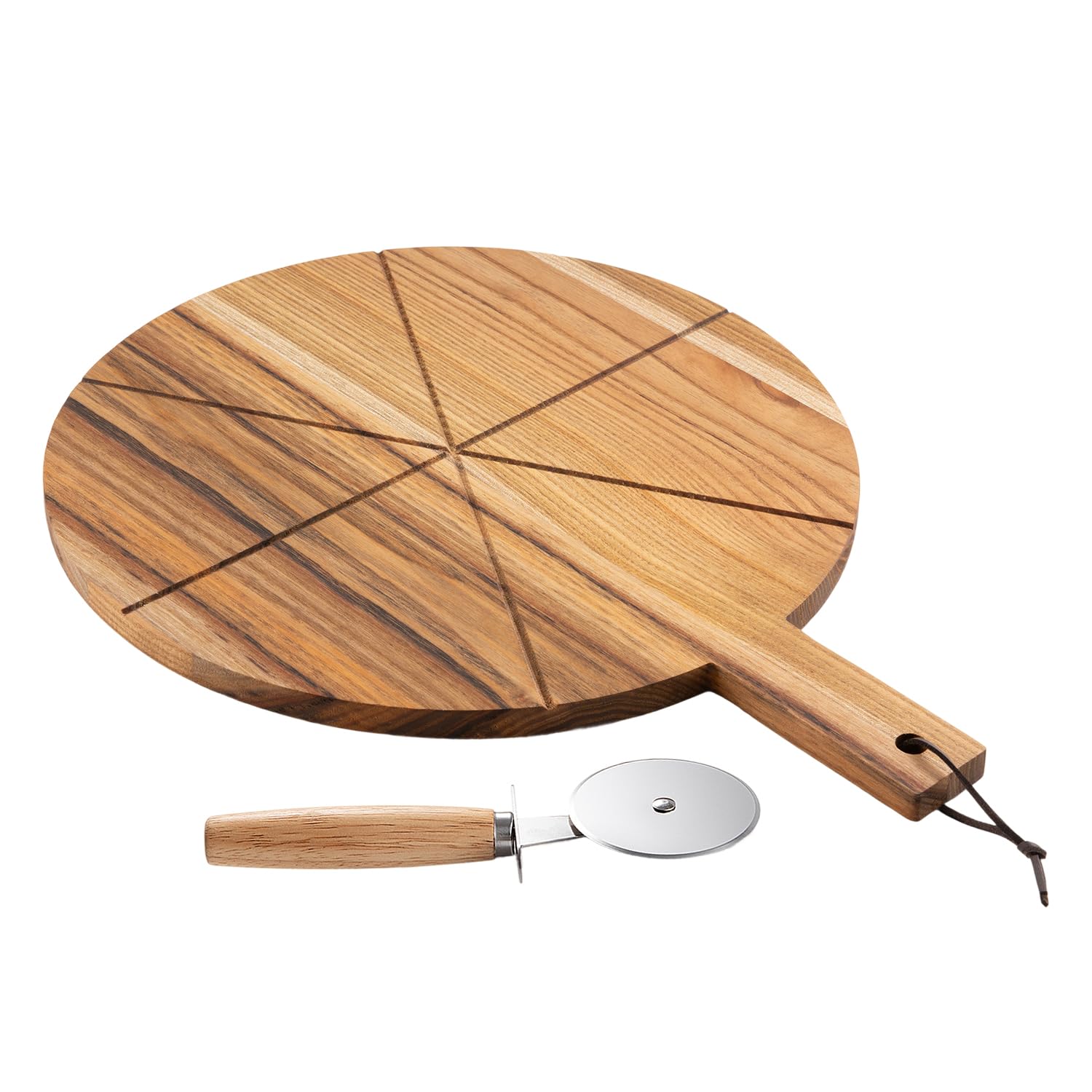 Alex Nash Acacia Wood Pizza Board with Cutter Set – 12” Round Pizza Cutting Board Serving Tray with Paddle Handle, Stainless Steel Cutter and 6 Slicing Grooves for Kitchen – 44 x 31.5 x 1.5cm