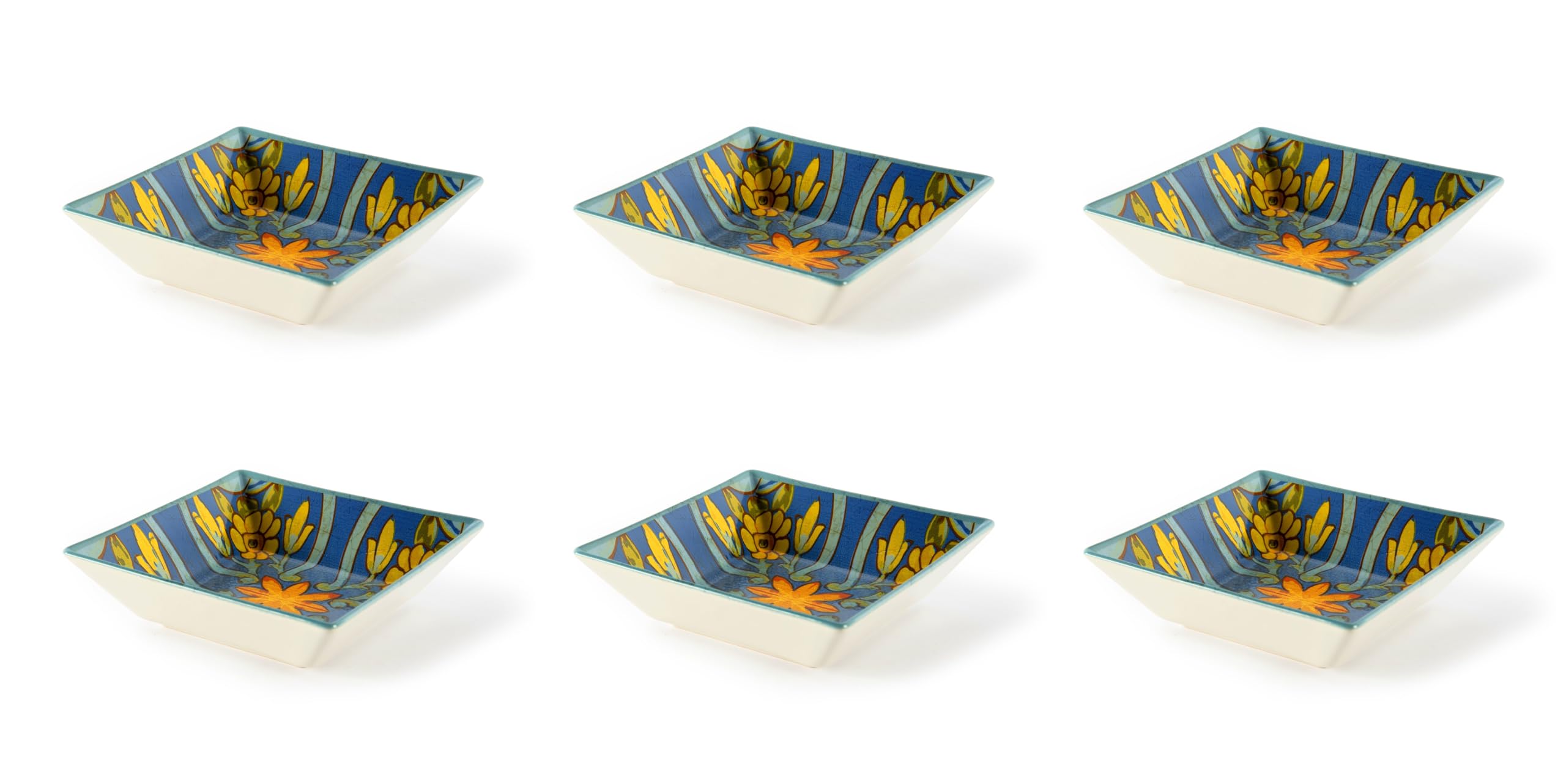 Excelsa Trinacria Lot de 6 assiettes creuses carrées en céramique, décoration florale bleue et jaune