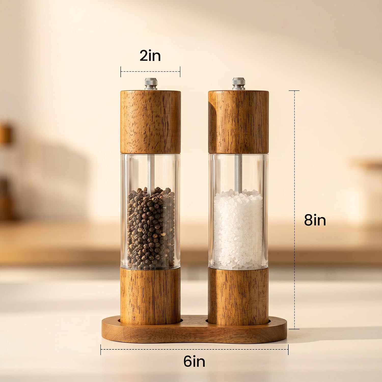 Wooden Salt and Pepper Grinder Set, Manual Salt and Pepper Mills, Wooden Shakers with Adjustable Coarseness and Stand, Kitchen Cooking Gadgets for Women Home