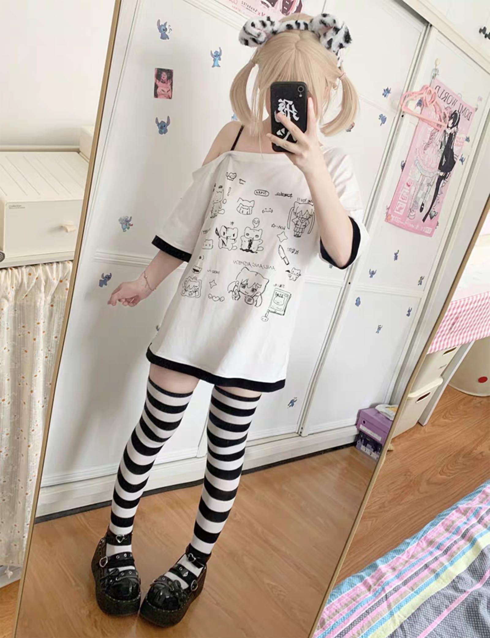 Y2k Kawaii Shirts for Women Cartoon Graphic Tees Off Shoulder Cutecore Shirts Harajuku Fashion Gothic Tops