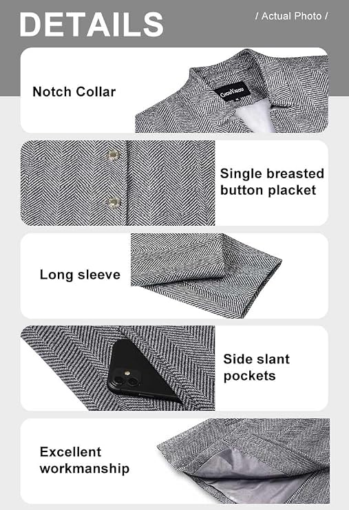 chouyatou Women's Business Casual Herringbone Wool Coat Button Up Notch Collar Dressy Blazer Jacket