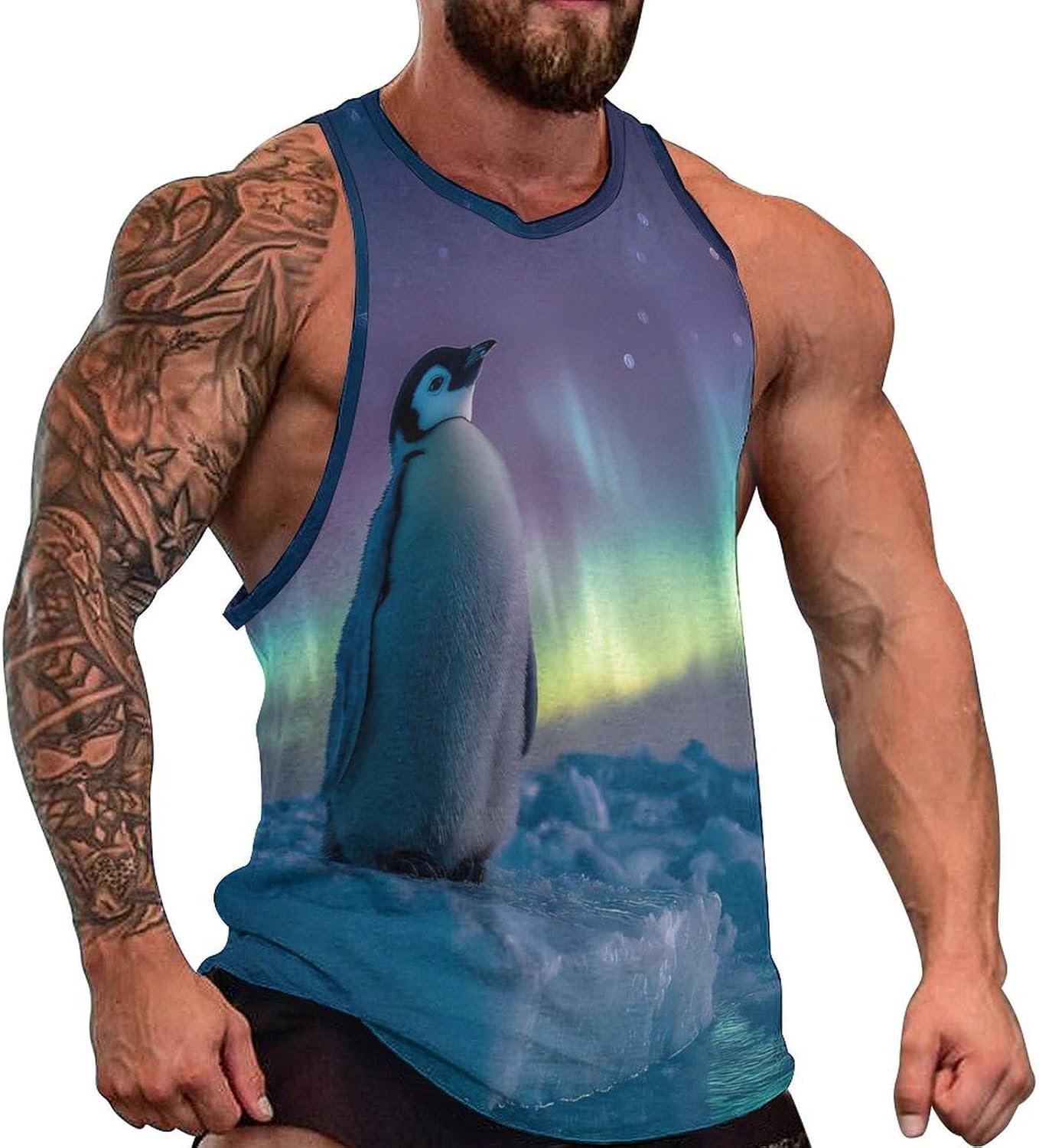 Cute Penguins Aurora Starry Night Men's Tank Tops Sleeveless Muscle T-Shirt | Print,Muscle Shirt,for Athletic Running Gym,Workout Shirts,Tee Shirts