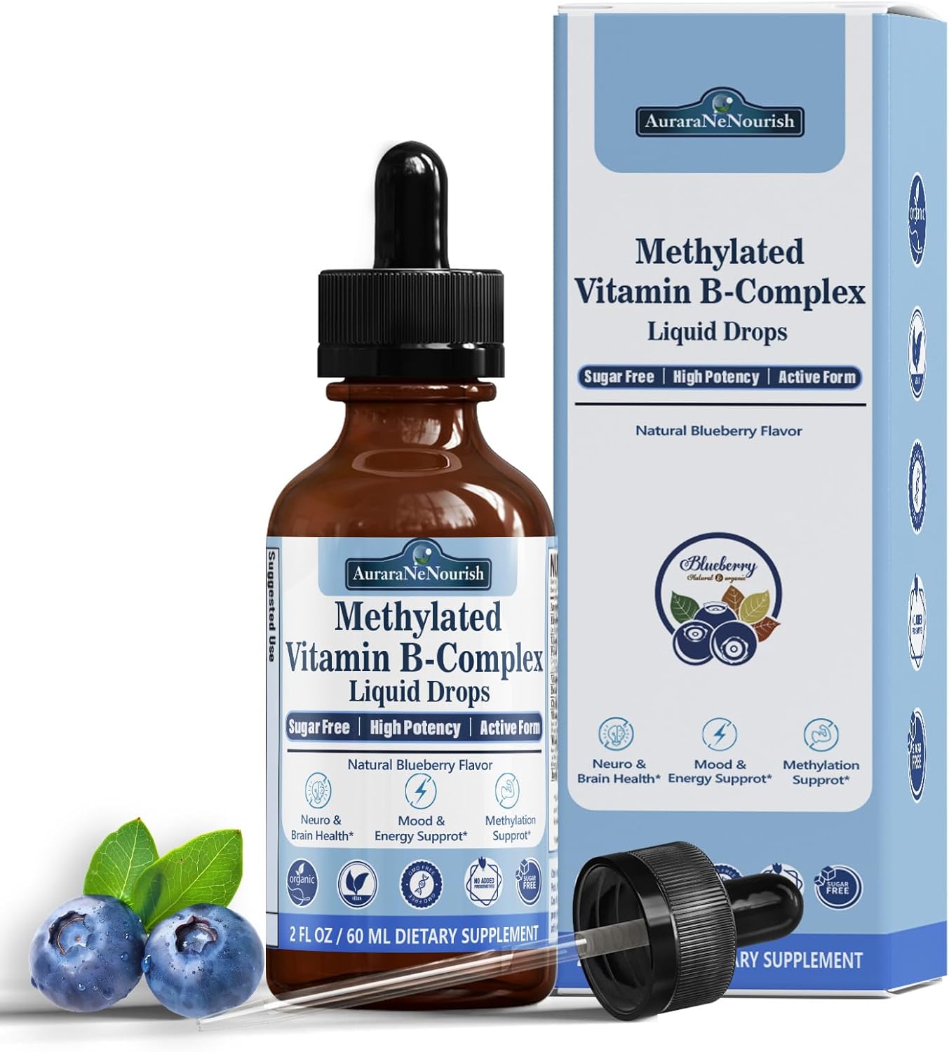 Methylated B Complex Liquid Drops, Complete Methyl B Complex Multivitamin w. 5-MTHF MethylFolate Inositol & Choline, Super B-Complex Methylated for MTHFR Support, Energy Mood Nerve & Brain Health