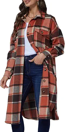 Xaspee Womens Long Plaid Shacket Jacket Casual Fashion Lapel Button Down Long Sleeve Long Plaid Coat with Pockets