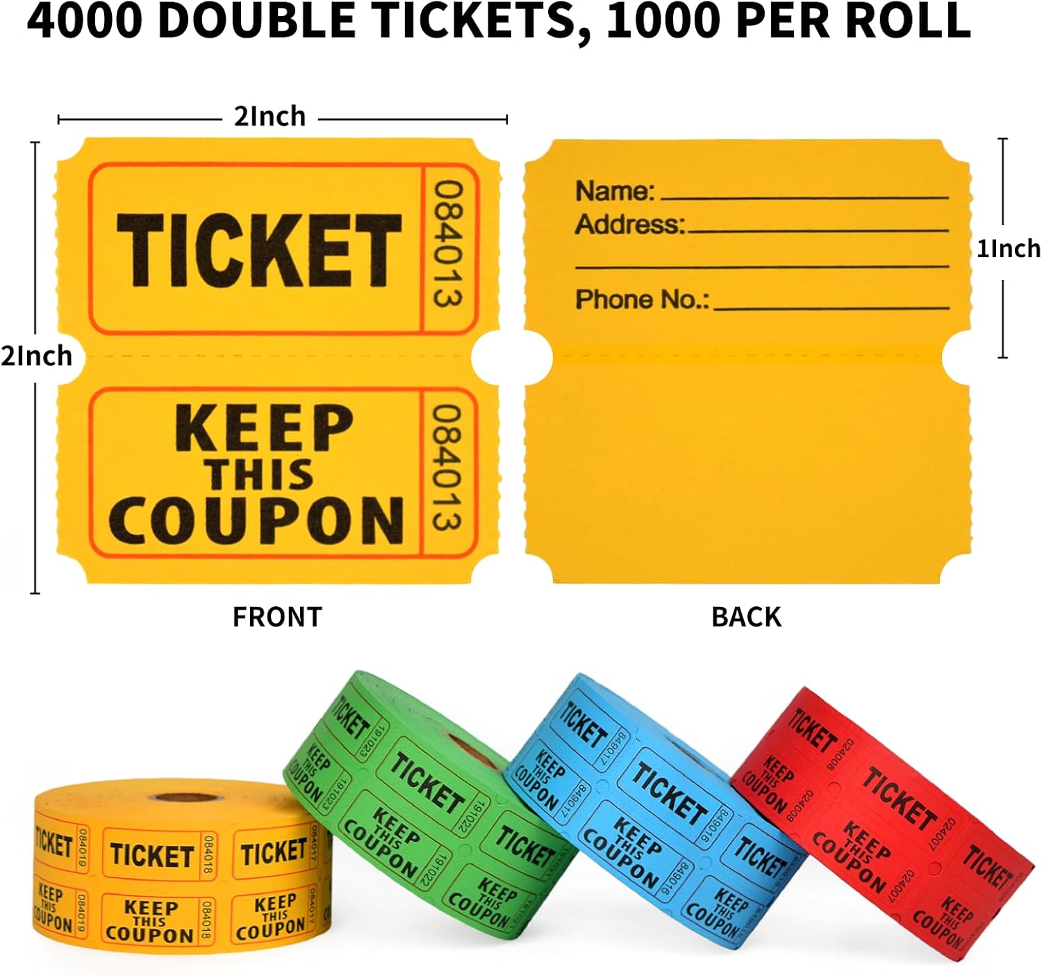 4000 Double Raffle Tickets (4 Rolls of 1000 Pairs), 50/50 Double Stub Tickets for Events, Carnivals, Fundraisers, Event Prizes & Classroom Rewards, Back Writable, 4 Colors Huxowni