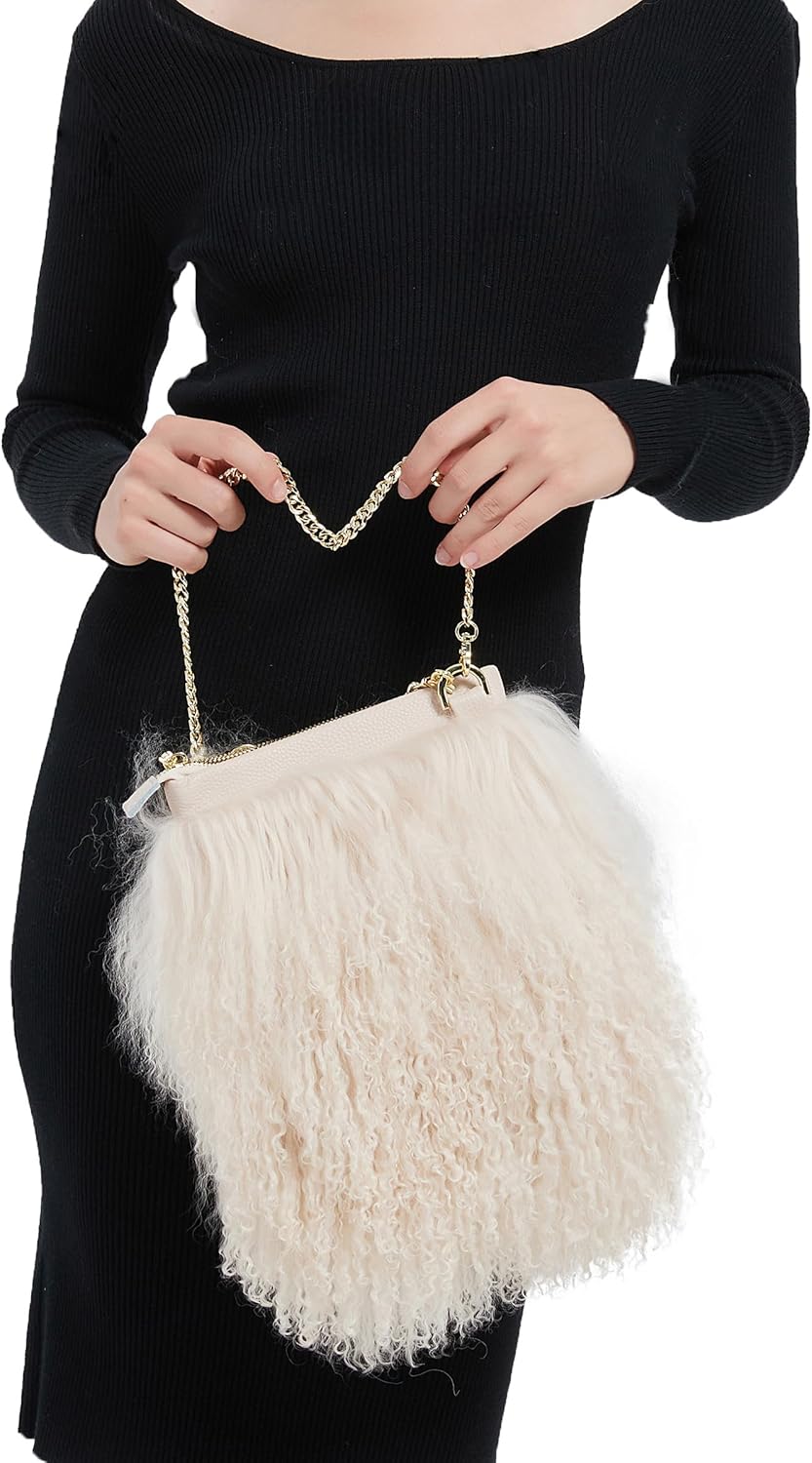 Furry Crossbody Bag Real Curly Mongolian Fur Purse Flush Fur Clutch Shoulder Bag