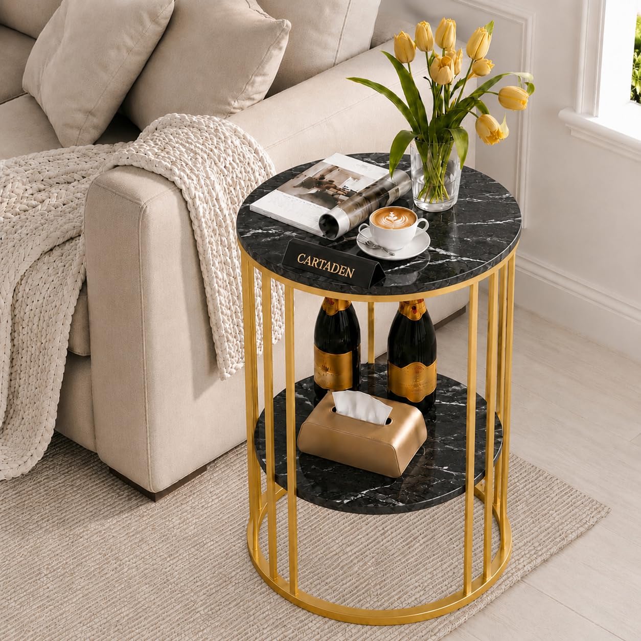 CARTADEN Side Table, 2-Tier Round End Table with Storage Shelves for Living Room Bedroom Accent Coffee Sofa Table for Small Spaces, Nightstand Gold Black-picture-19