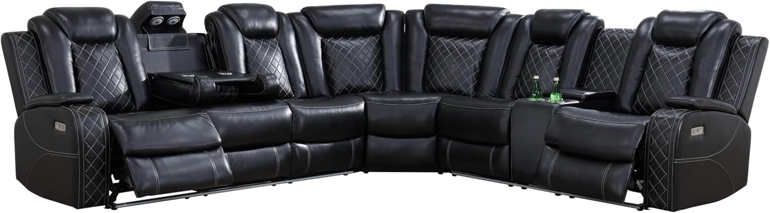 Air Leather Power Recliner Sectional with LED Lights, Reader Lights, Storage Consoles, Cup Holders, USB Charging Port (Sofa), Black