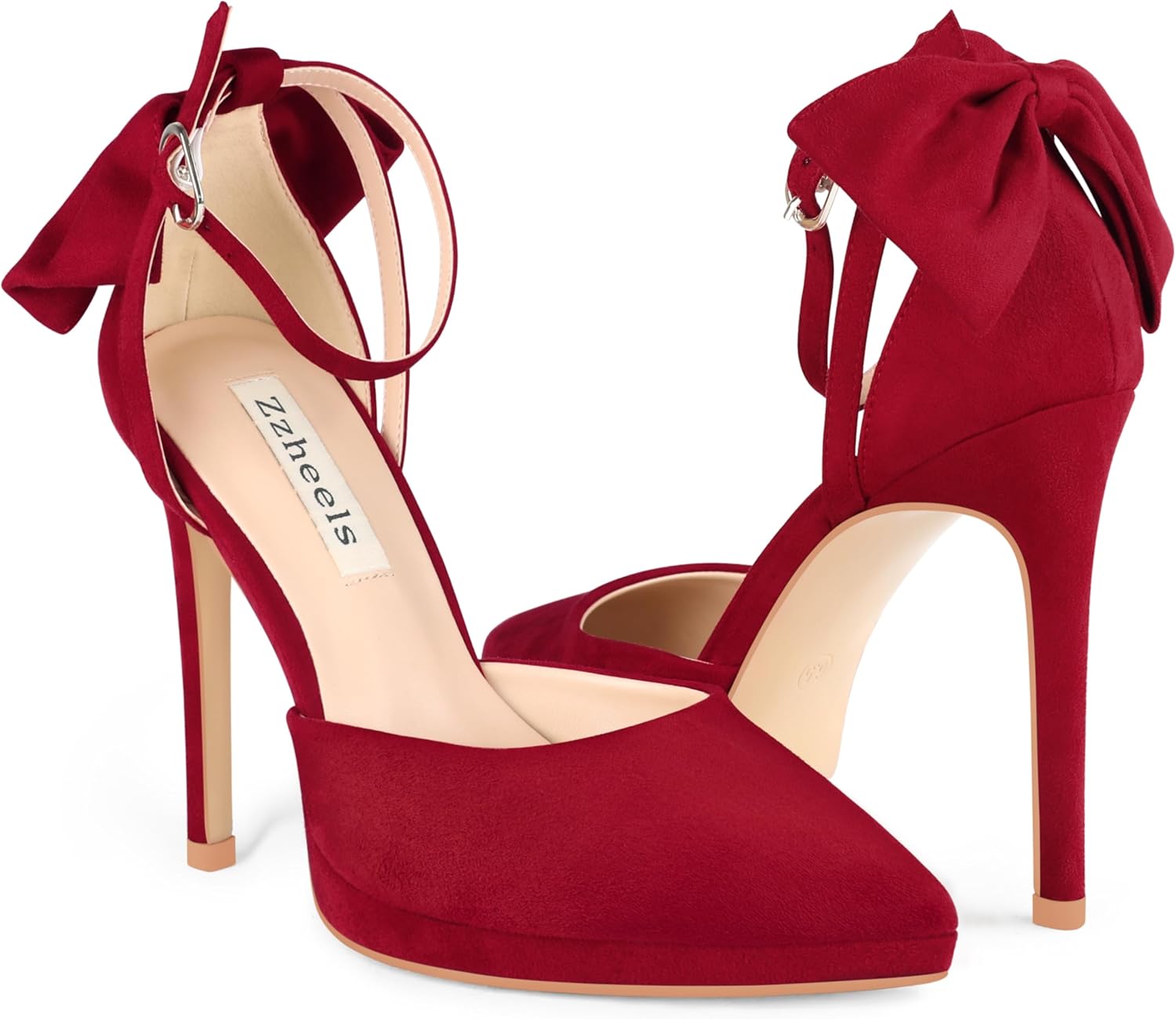 Zzheels Women's Pointed Toe Platform Stiletto Heels Bow Dress Heels Ankle Strap Pumps