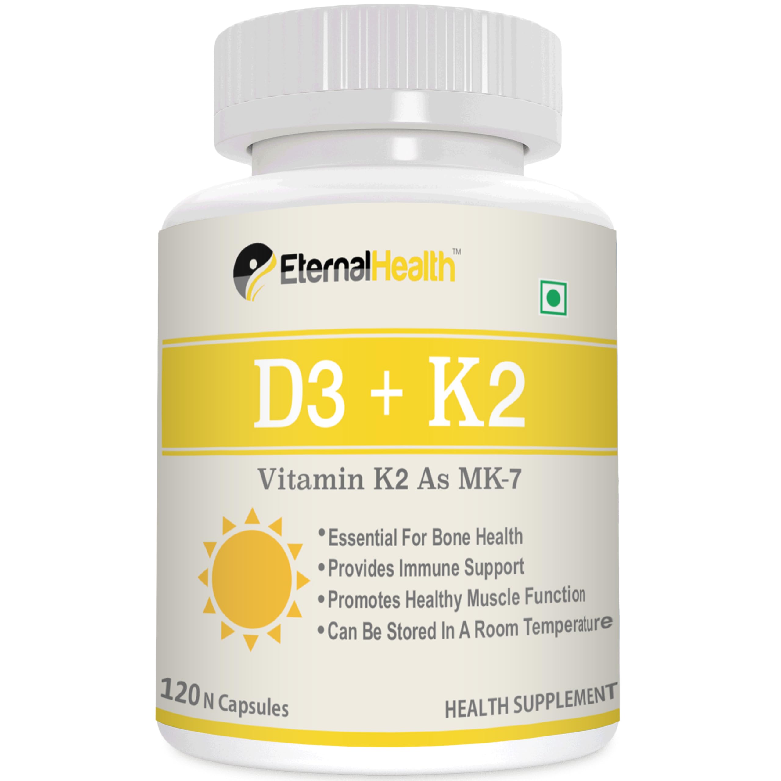 Vitamin D3 with K2 as MK-7 - Vitamin D & K Complex - Vitamin D3 & K2 as MK-7 - (120 Vegetable Capsules)