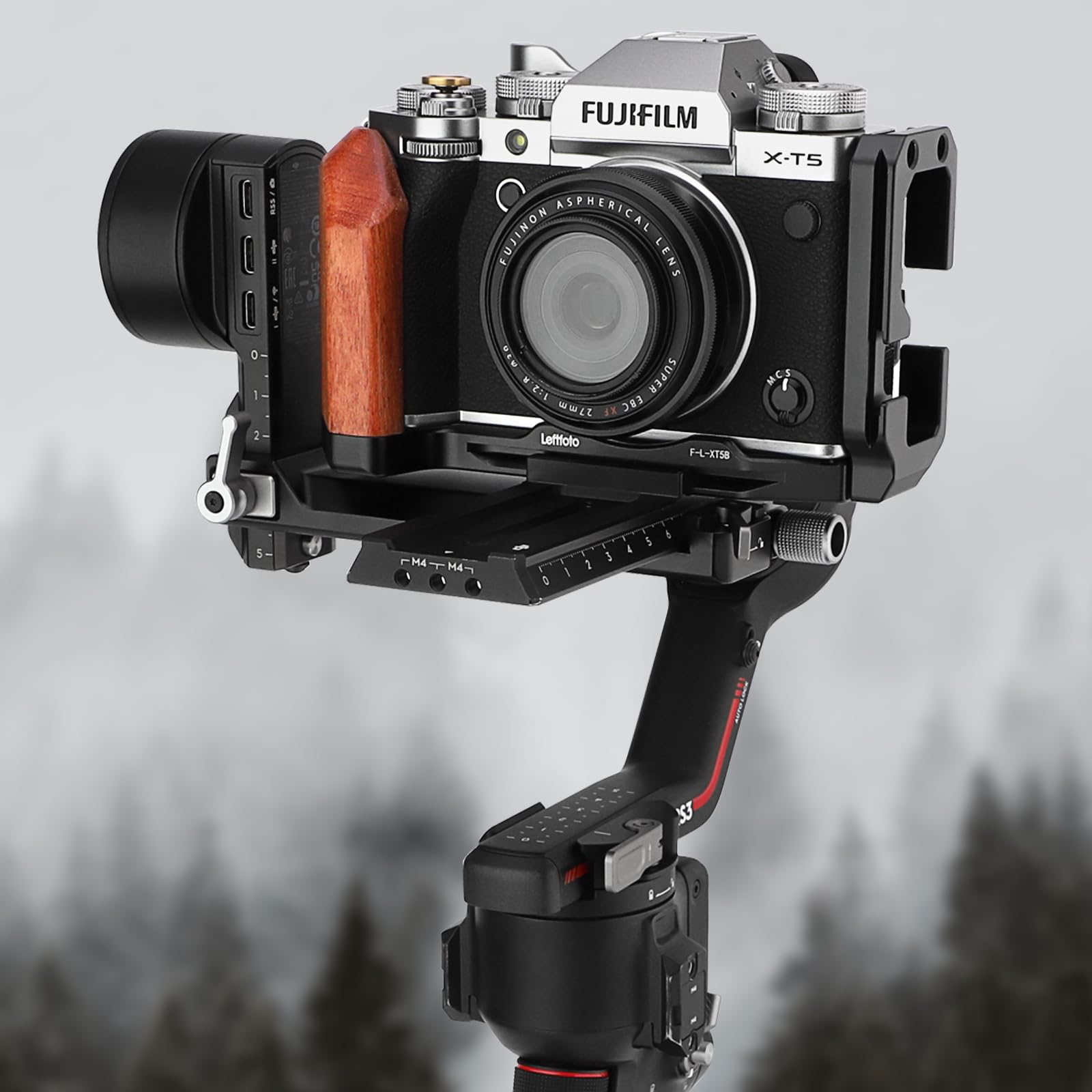 LEFTFOTO X-T5 Retro-Handgriff L-förmiger Halterungsgriff mit Holzgriff für Fuji XT5-Kamera, mit abnehmbaren vertikalen seitlichen Schnellwechselplatten, mit Arca-Schnellwechselplatte, mit Auslöser