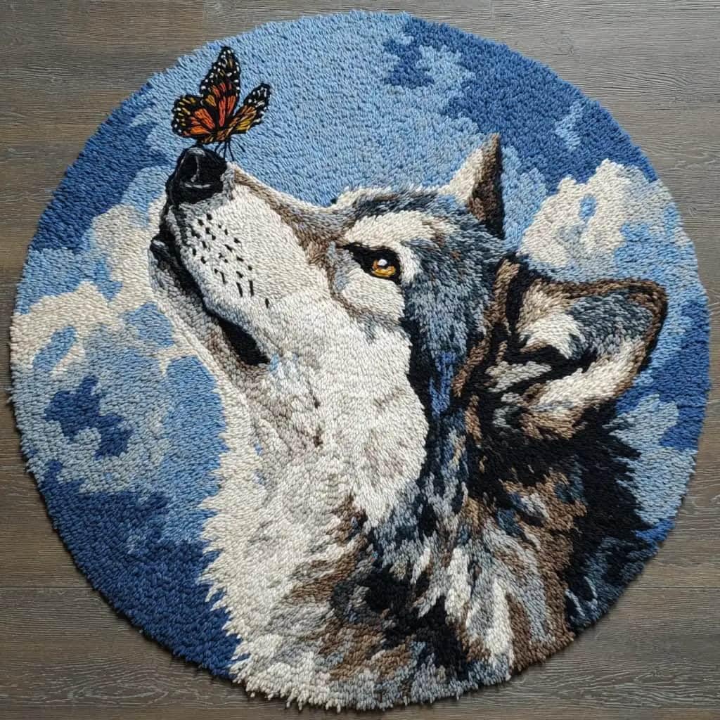 Round Latch Hook Rug Kits Wolf For Adults And Starter 50*50Cm