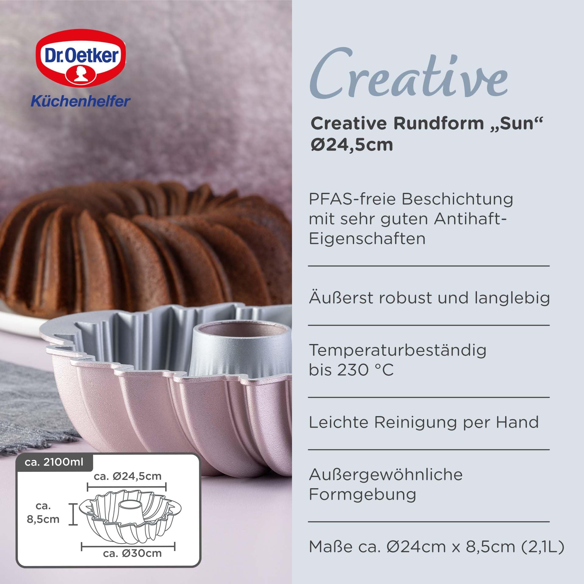 Dr. Oetker Creative Sun Moule rond de qualité supérieure pour kouglof Ø 24 x 8,5 cm, 2100 ml, revêtement antiadhésif et sans PFAS, or rose, résistant à la chaleur jusqu'à +230 °C