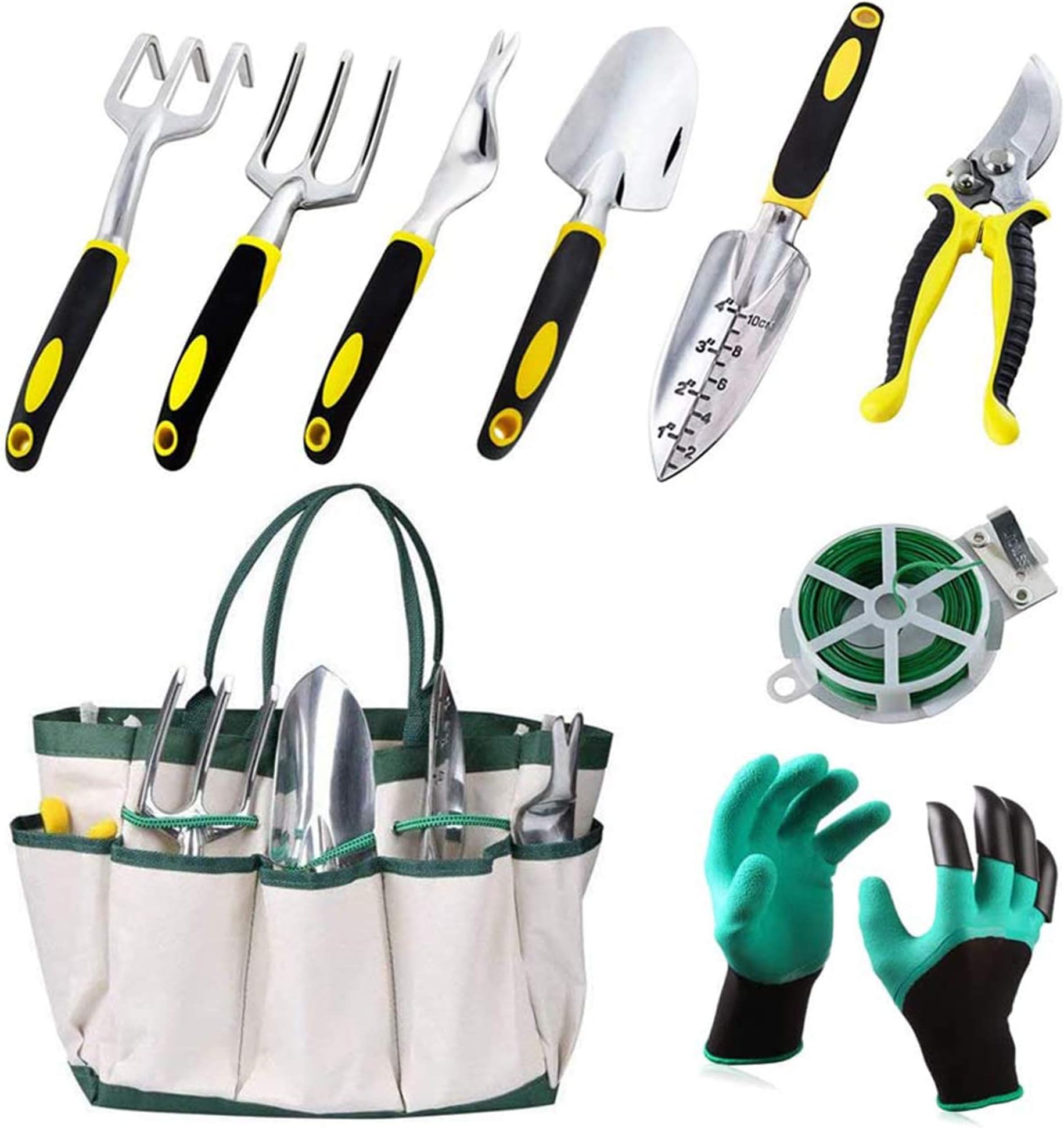 Keda Set, 9 PCS Set for Digging Planting with Storage Organizer Tote, Garden Gloves Shove, Plant Tie, Ergonomic Gifts Set for Women Men Adults