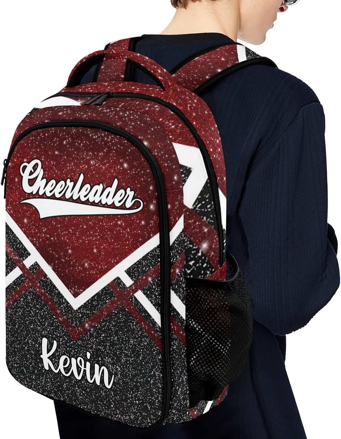 XOZOTY Bling Print Red Cheerleader Cheer Backpack Personalized with Name for Men Women Shoulder Bag Laptop Bag Bookbag