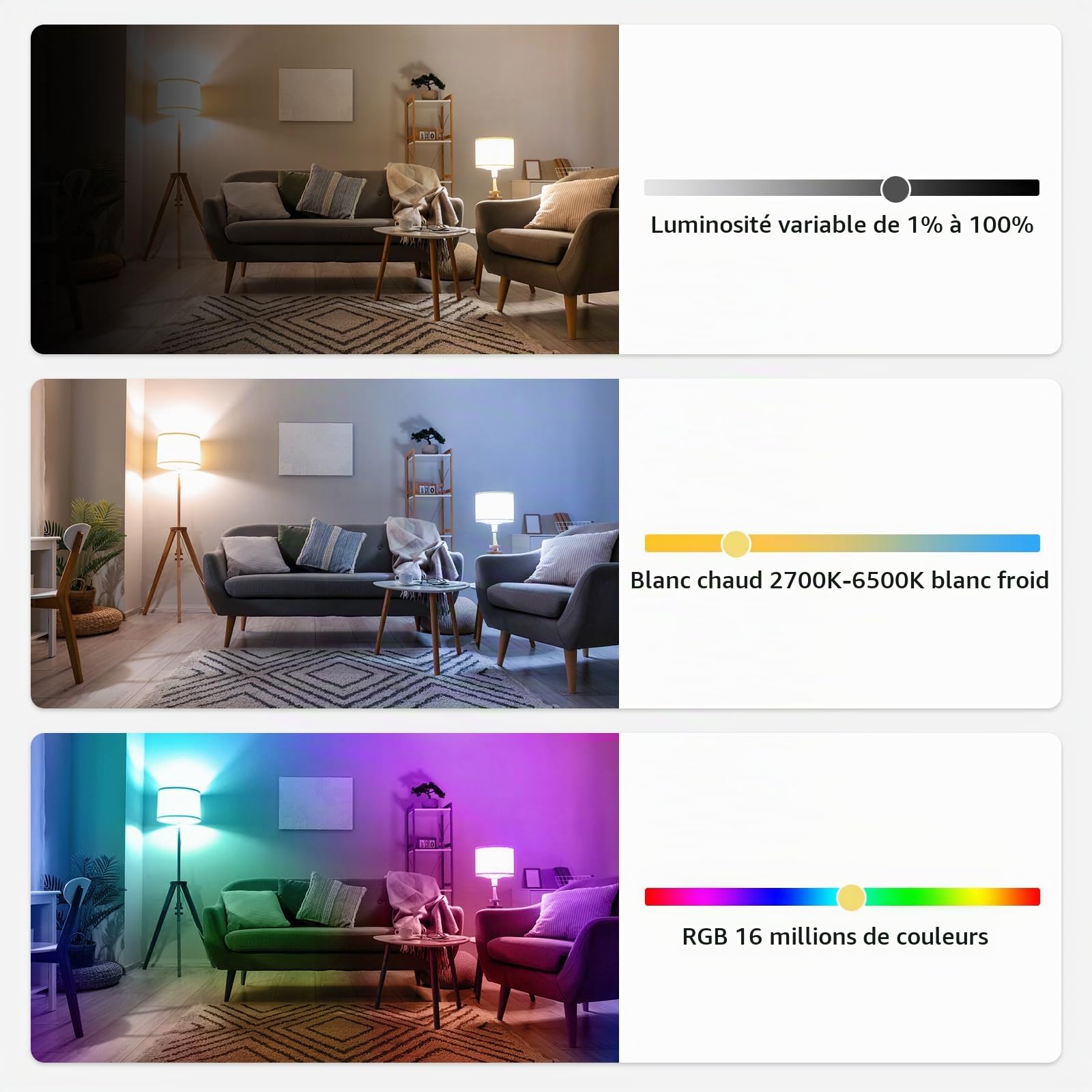 I-SHUNFA Ampoule Intelligente WiFi Smart E27 RGBCW LED,3 Pack | Changement de Couleur avec Synchronisation Musicale des Ampoules,10W,800LM,Fonctionnant avec Alexa Google Home