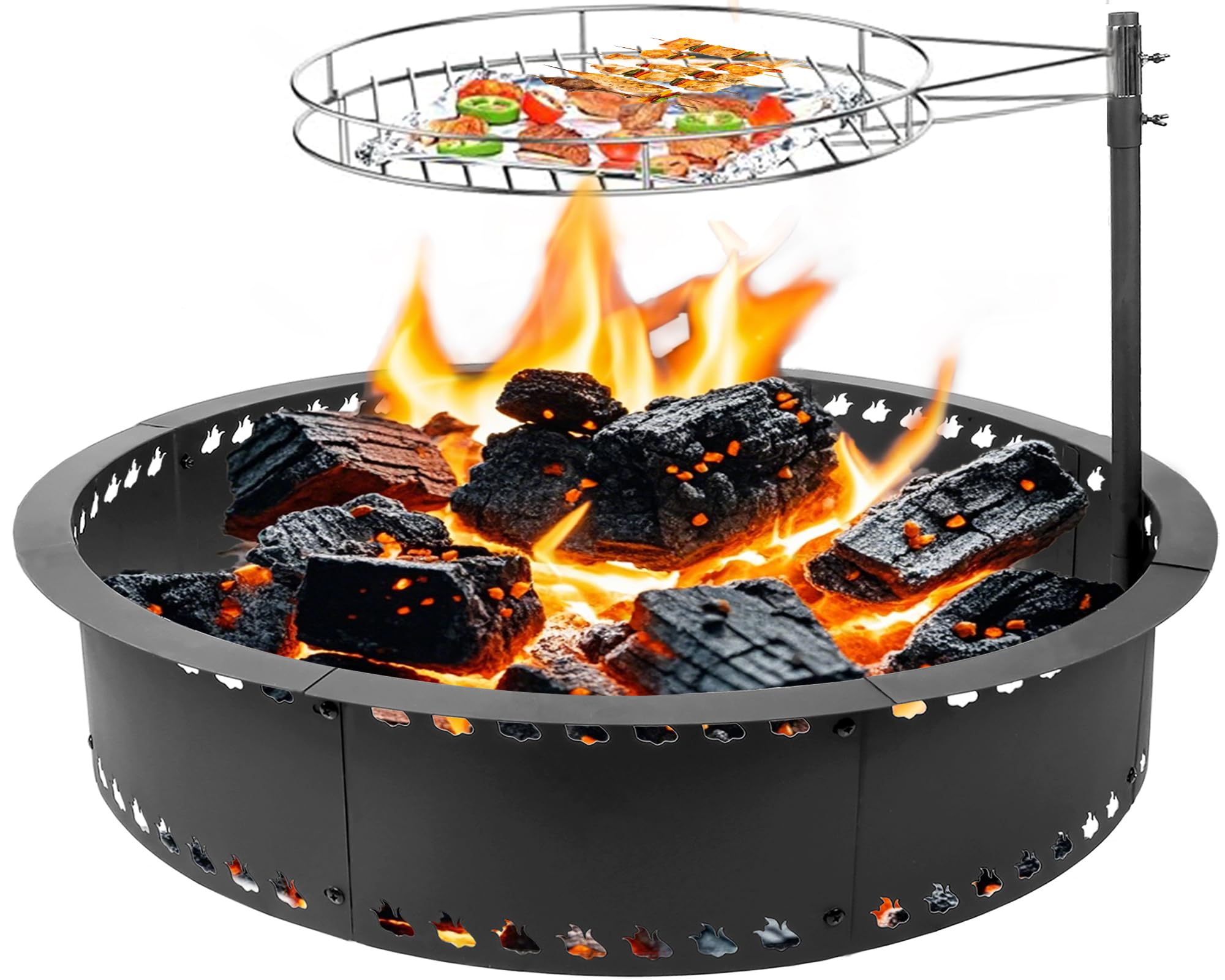 Fire Pit Ring with Grill 31 inch Fire Ring for Outside Fire Pit,Smokeless Firepit Insert Metal Steel Large Round Fire Rings Above/In-Ground Camping Firepit for Outdoor Garden Patio Backyard Picnic BBQ