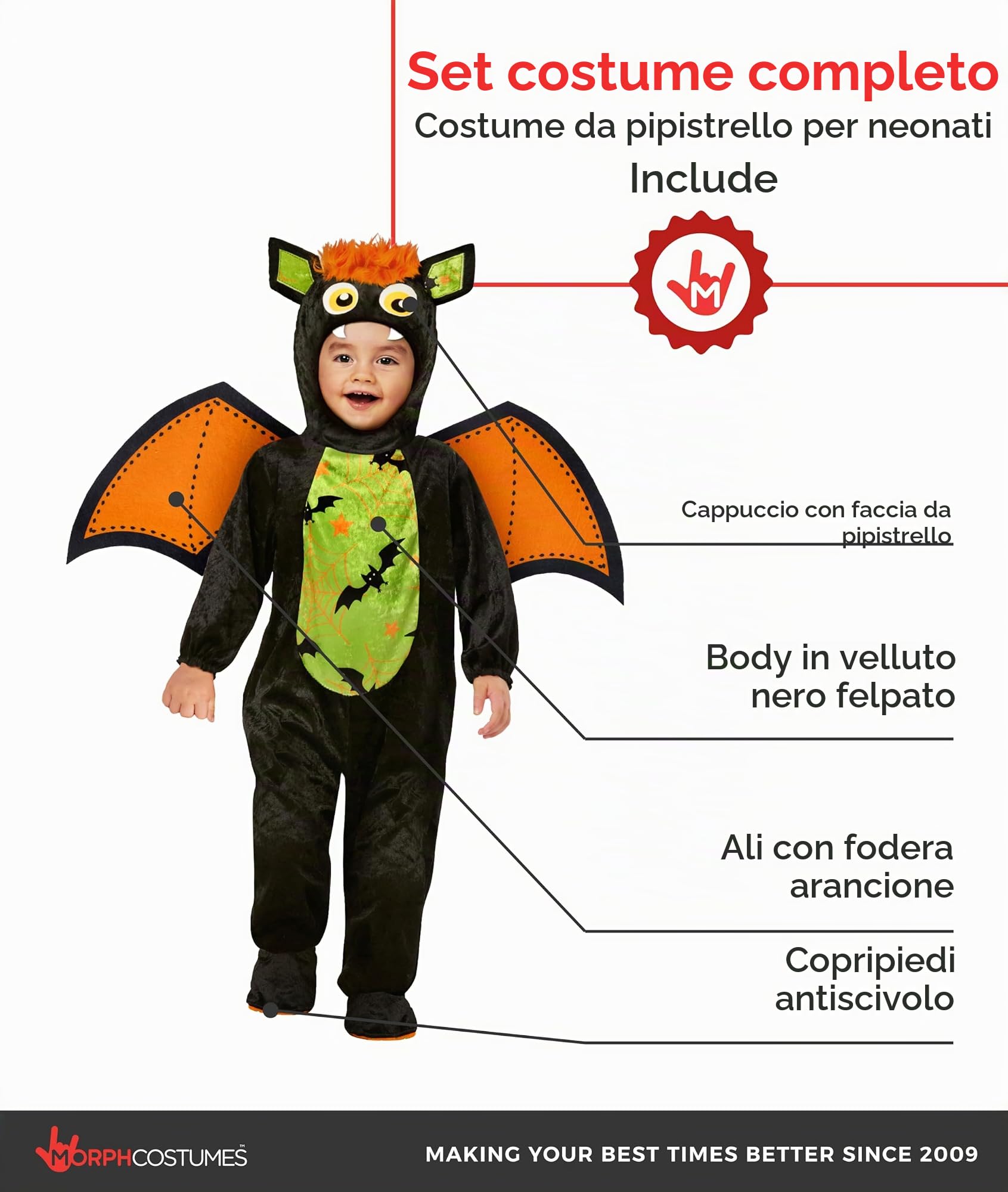Morph Costume Pipistrello Bambino, Costume Halloween Nero | Body, Cappuccio, Ali & Copriscarpe, Design Nero e Verde, Perfetto per Halloween, Ideale per il Gioco di Ruolo