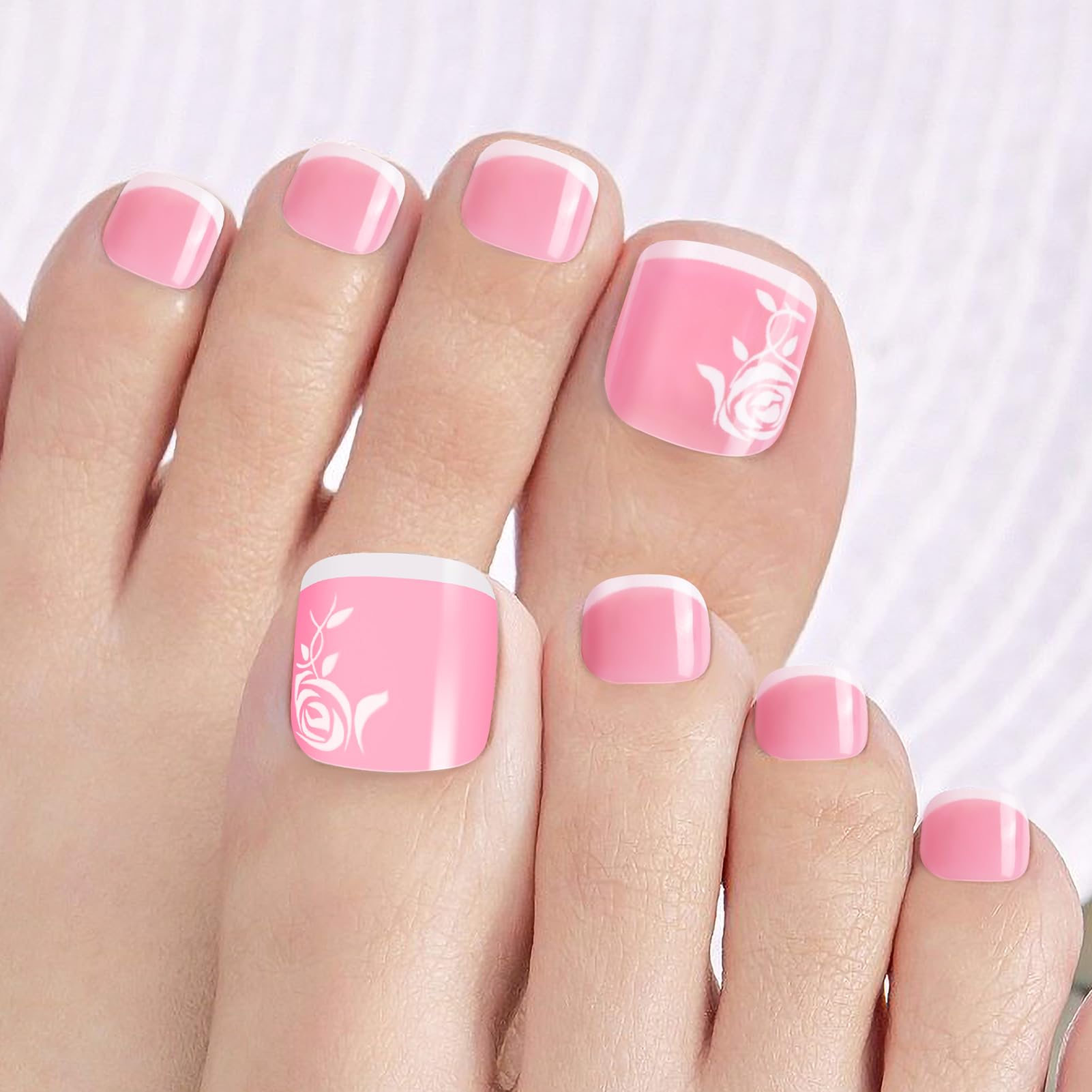 48pcs French ToeNails Rose Kiiwah 48 Piezas Uñas de Los Pies Postizas, 12 Tamaños Rosa Francesas Uñas Falso Acrilicas de Pies Fake Toenail Tips Set con Pegamento para Mujeres y Niñas