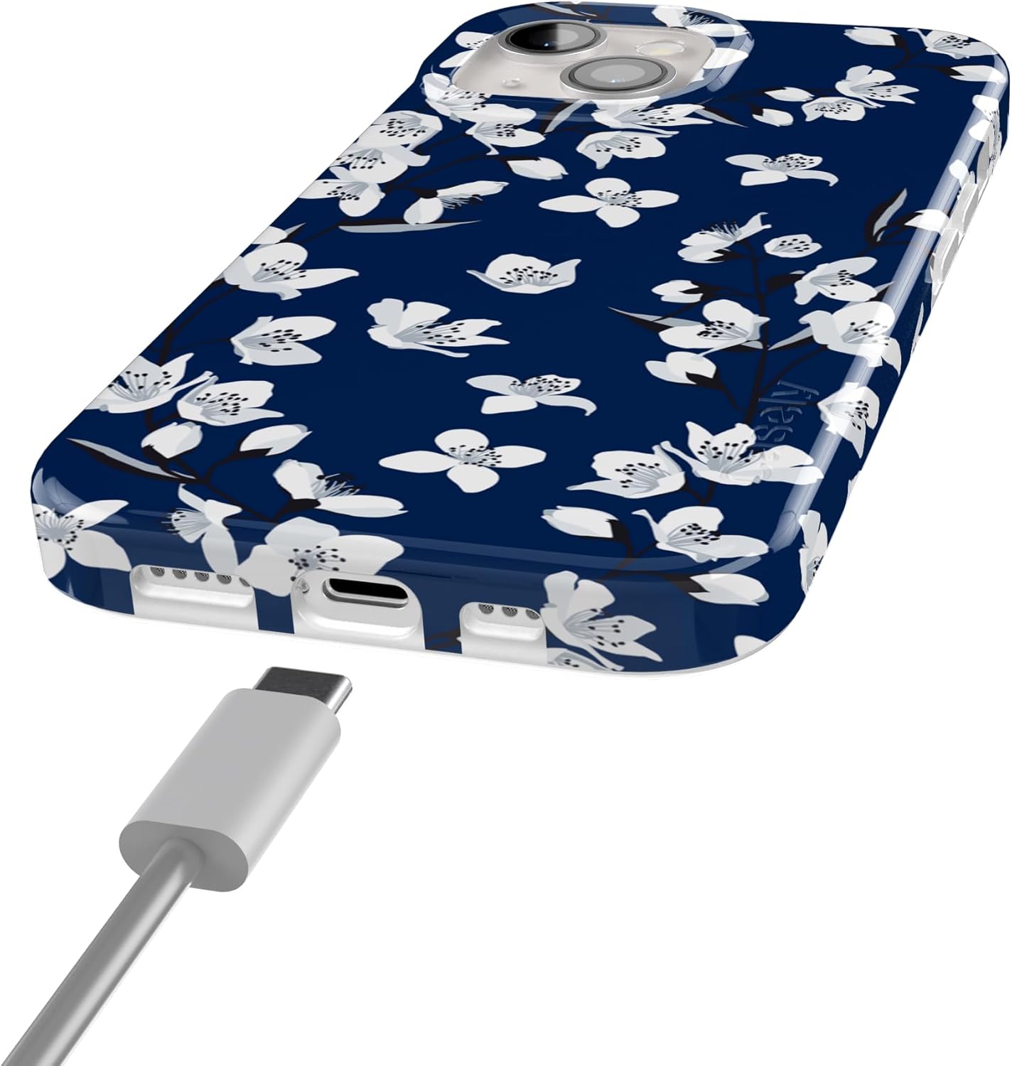 Casely iPhone 15 Case | Floral Forest | Navy Cherry Blossom Floral | Compatible with MagSafe | Classic Ultra Slim Design