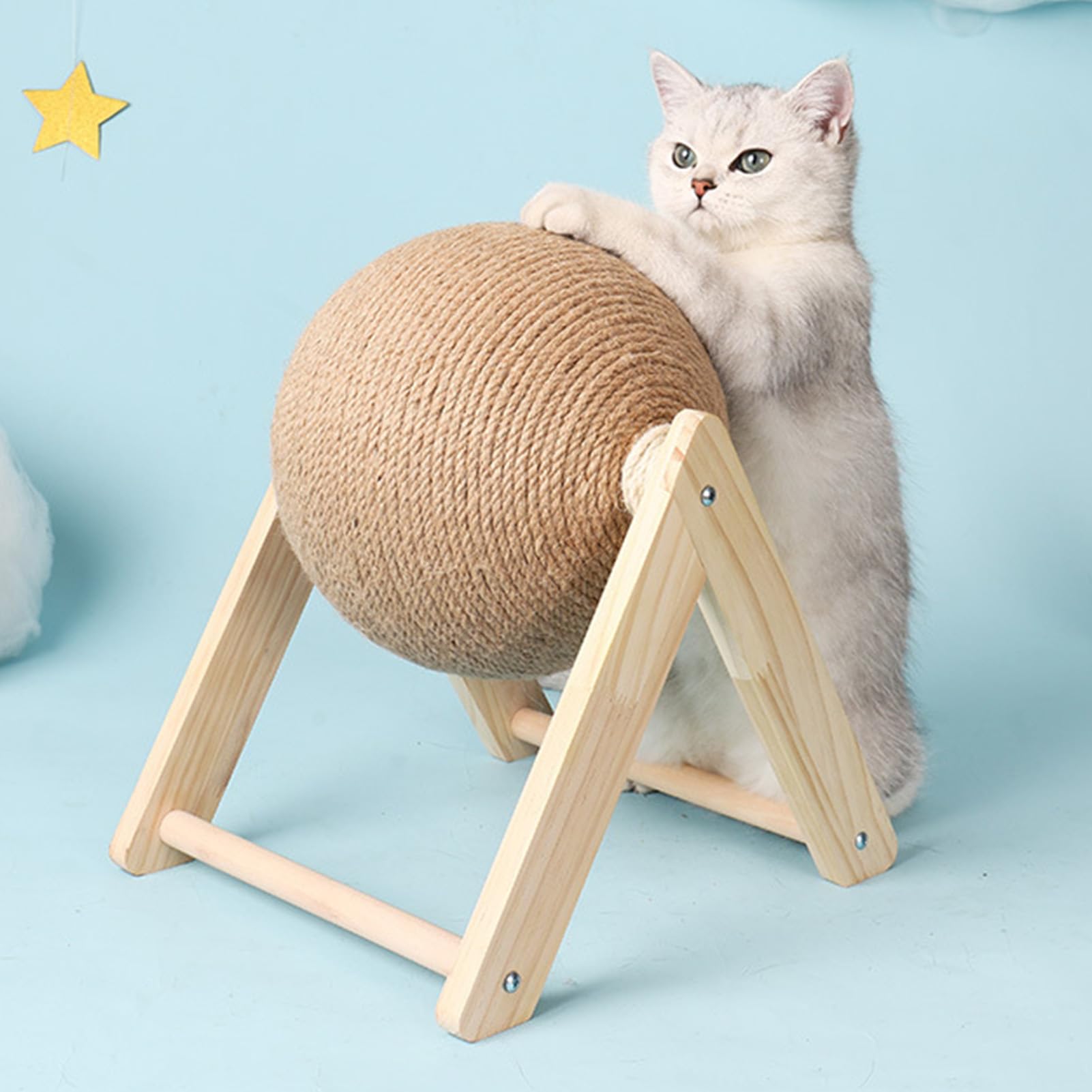 Cat Scratching Ball Interactive Solid Wood Scratcher Pet Toy with Sisal Rope V Shaped Stand Post Cat Scratcher Toy Solid Wood Scratcher Cat Scratching