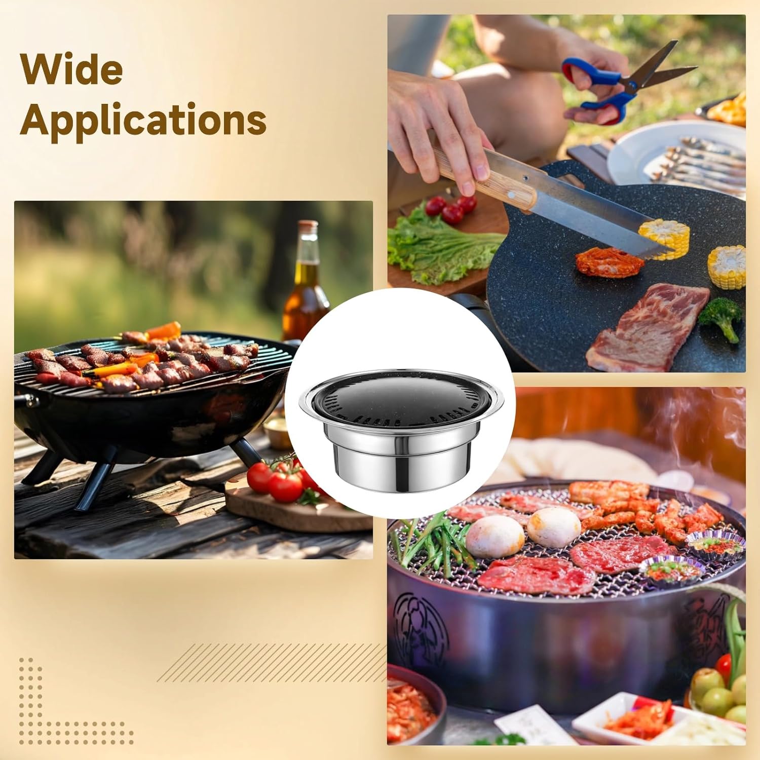 Korean BBQ Charcoal Grill Set, Stainless Steel Tabletop Grill with Maifan-Stone Pan, Mesh Rack, Charcoal Bowl, 13.4 in Portable Grill for Outdoor Cooking, Indoor Korean BBQ, Camping, Patio Grilling