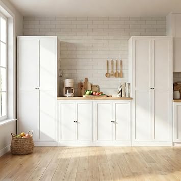 4-Piece Modern Metal Sideboard and Pantry Set,Built in Cabinets for Living Room Kitchen Cabinet Set, Adjustable Shelves,White